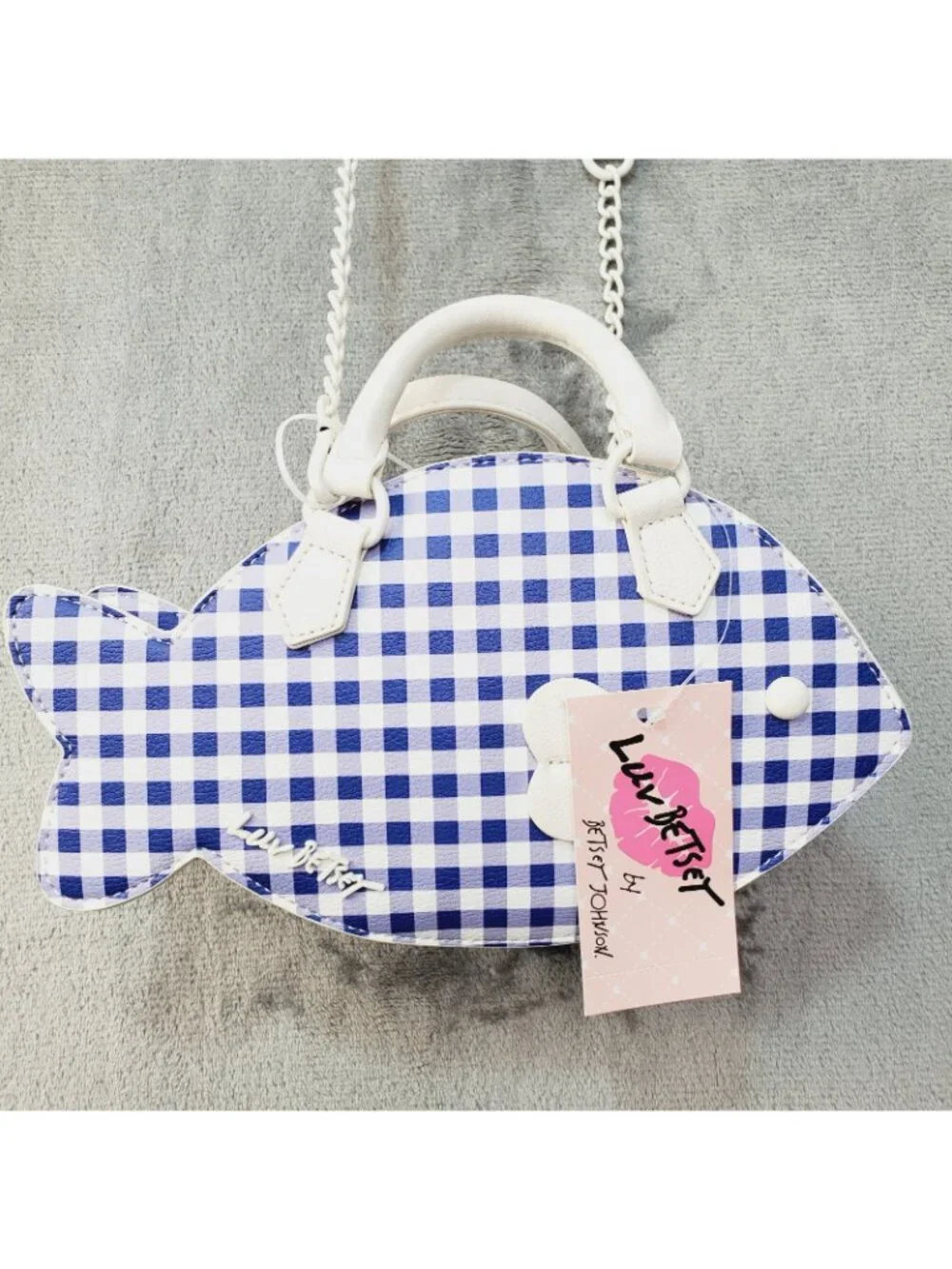 Betsey Johnson Crossbody Bag Fish Blue Gingham Nautical Kitsch Resort Beach Cruz